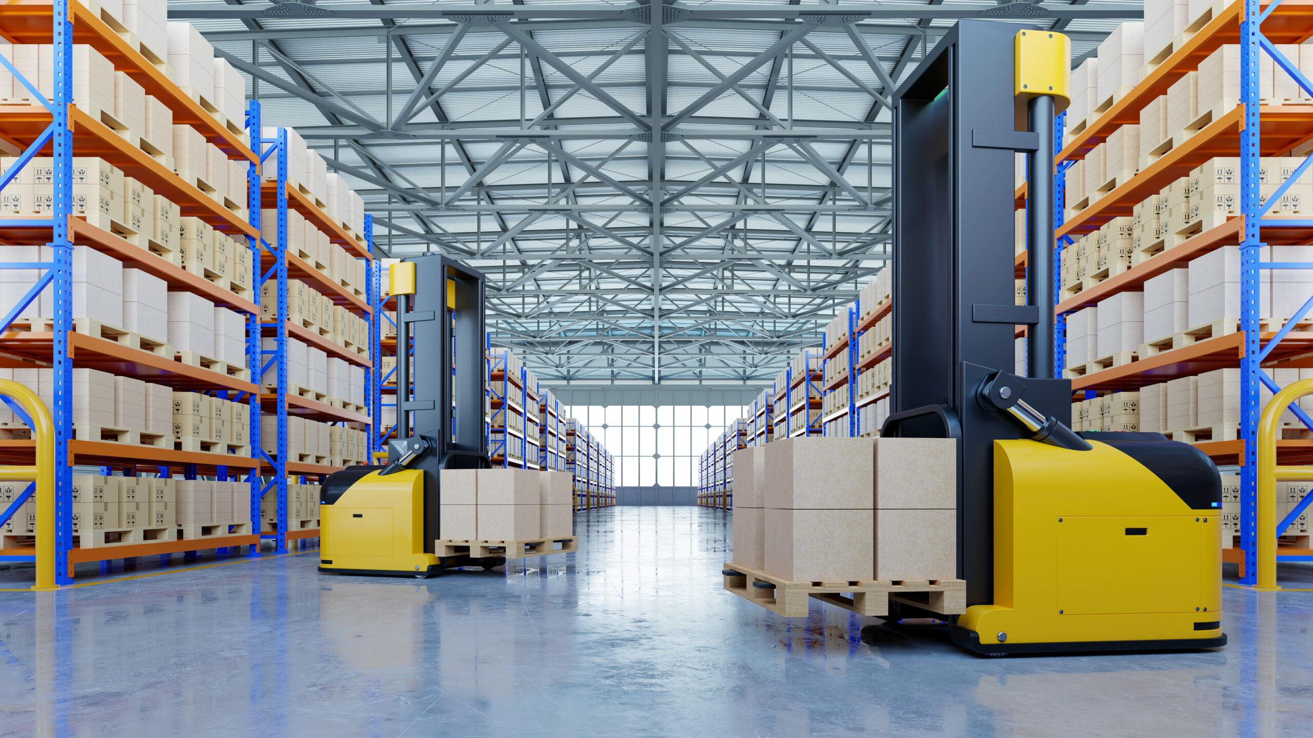 modern warehouse with AGV forklifts and high shelves
