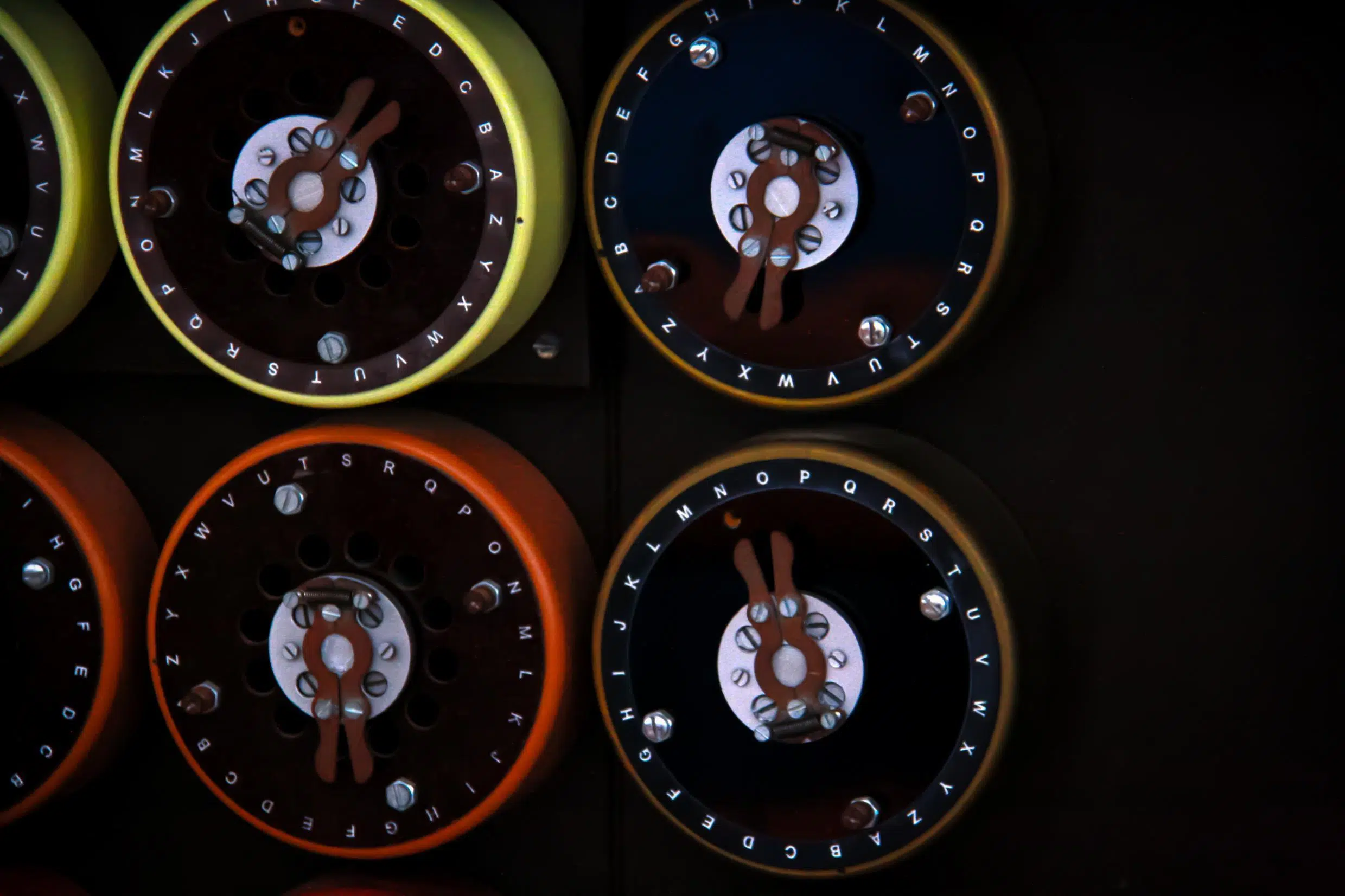 Close up of rotary dials on the front of the British military's Bombe machine, used to decode German Enigma machine during World War 2