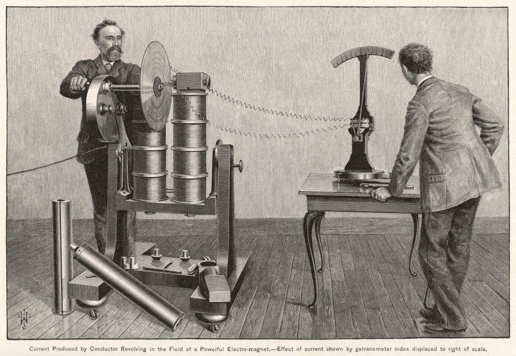 Illustration of an 1889 electricity experiment.