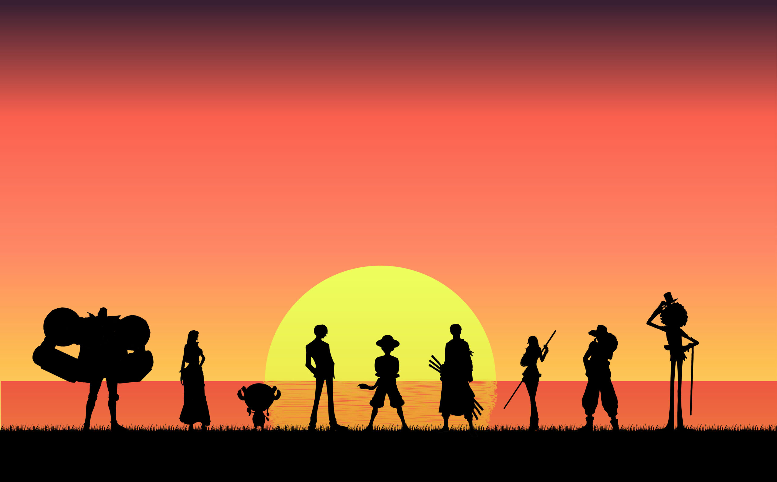 silhouette of anime characters standing in line in the sunset