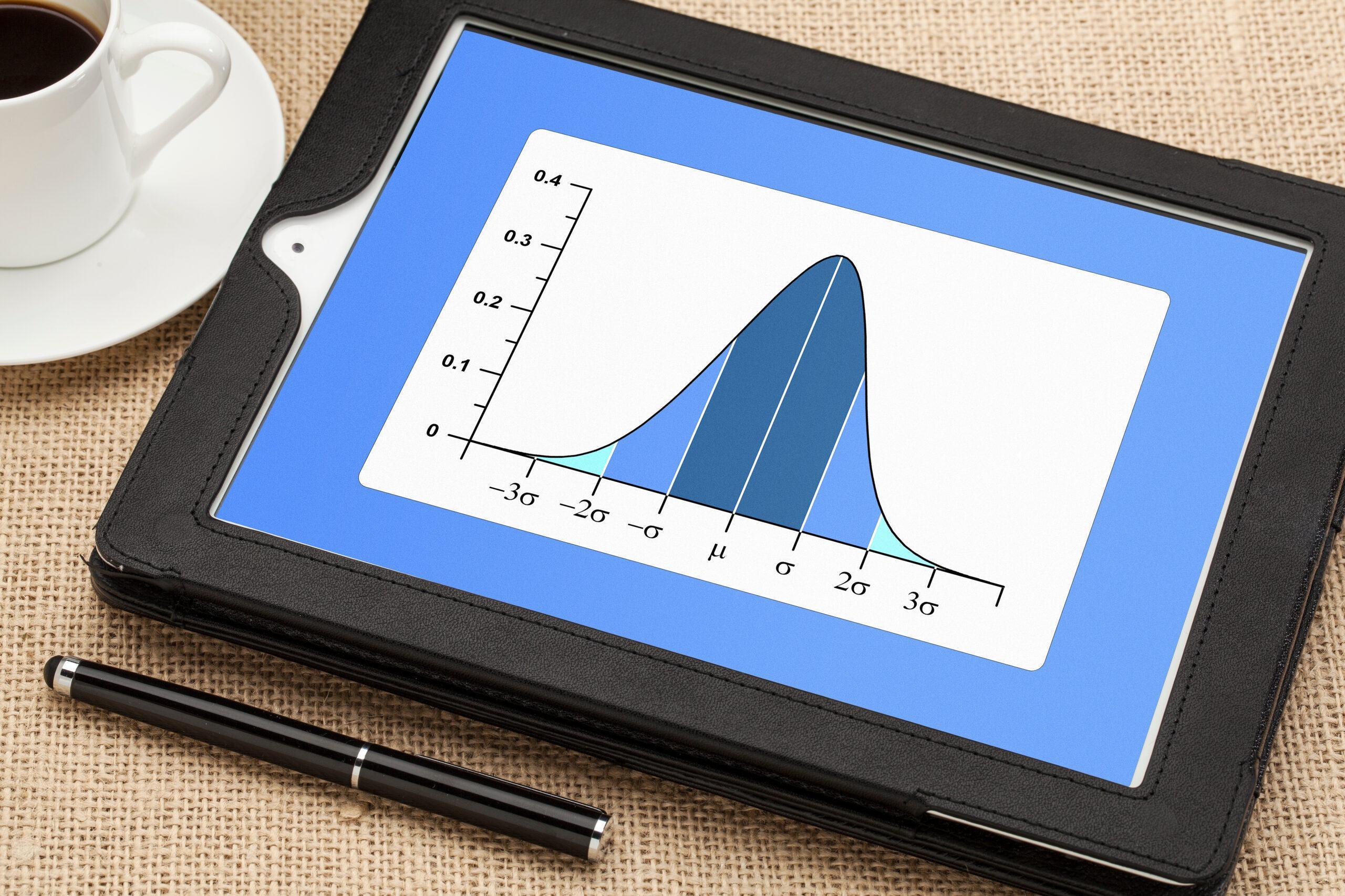Gaussian, bell or normal distribution curve on digital tablet 