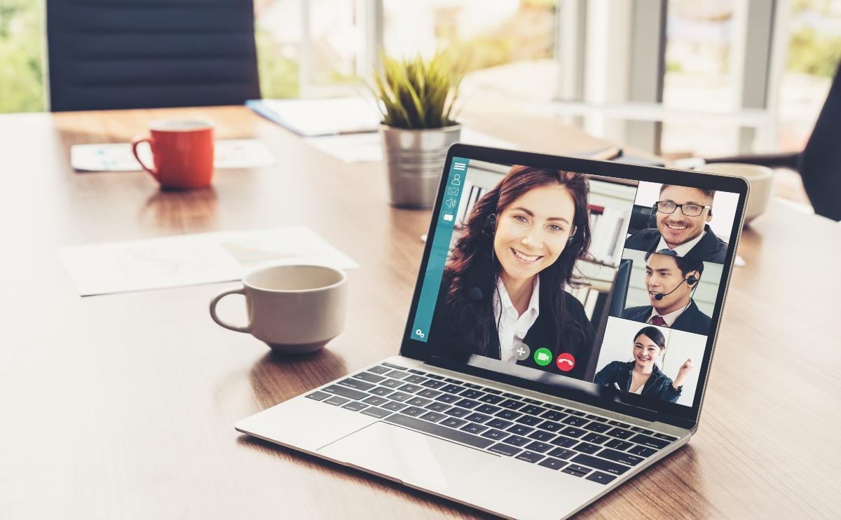 Video call business people meeting on virtual workplace or remote office. Telework conference call using smart video technology to communicate colleague in professional corporate business.