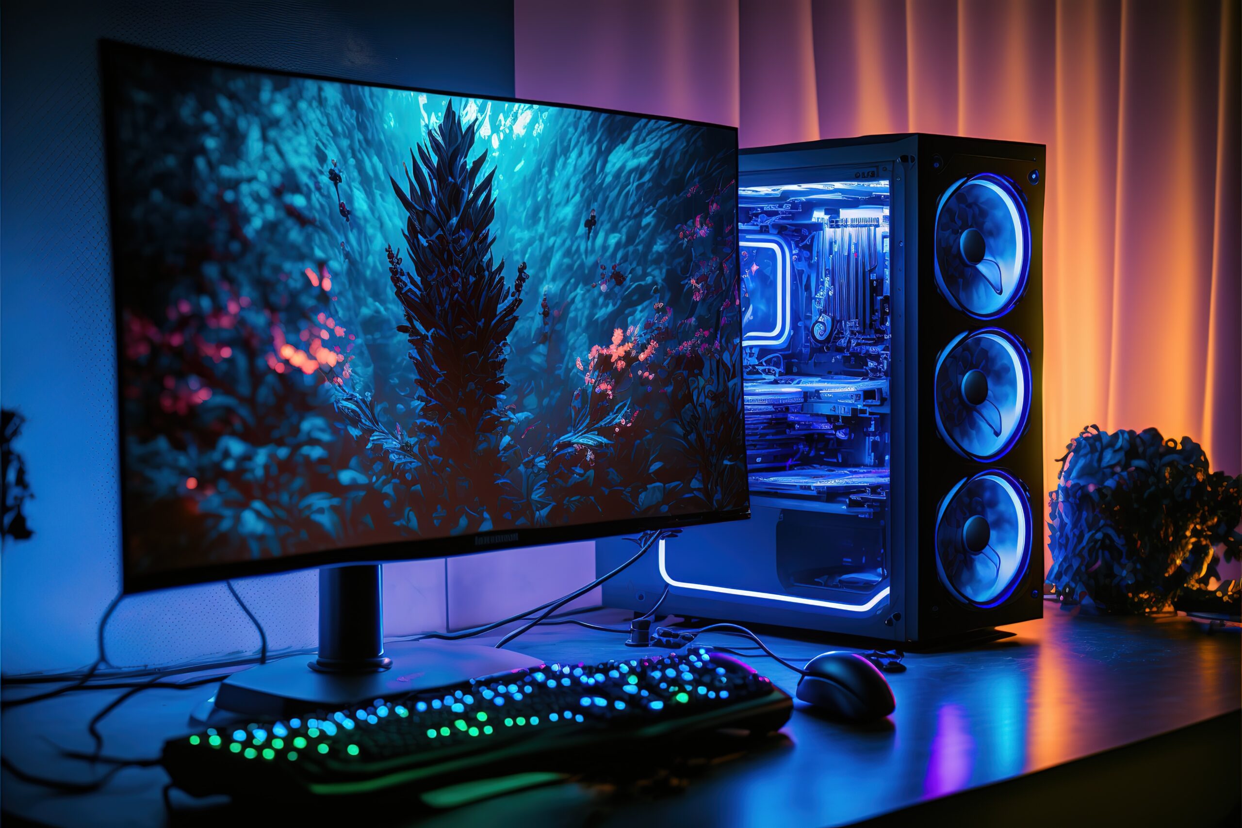 Gaming computer on desk in video gamer room with neon lights