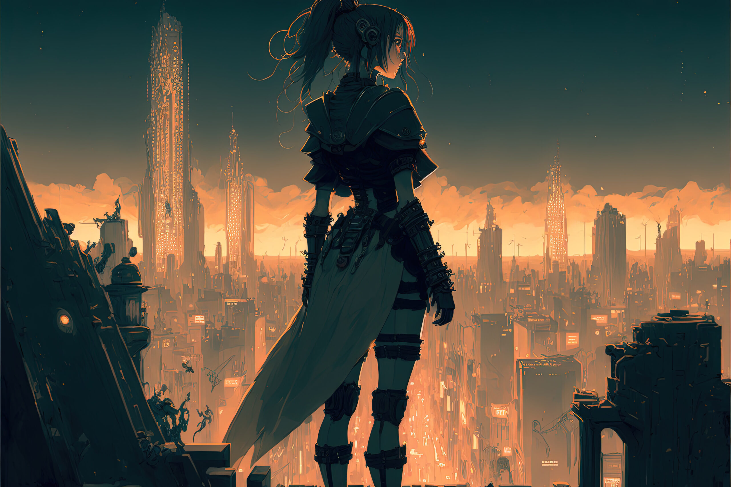 Japanese anime character looking over the entire city