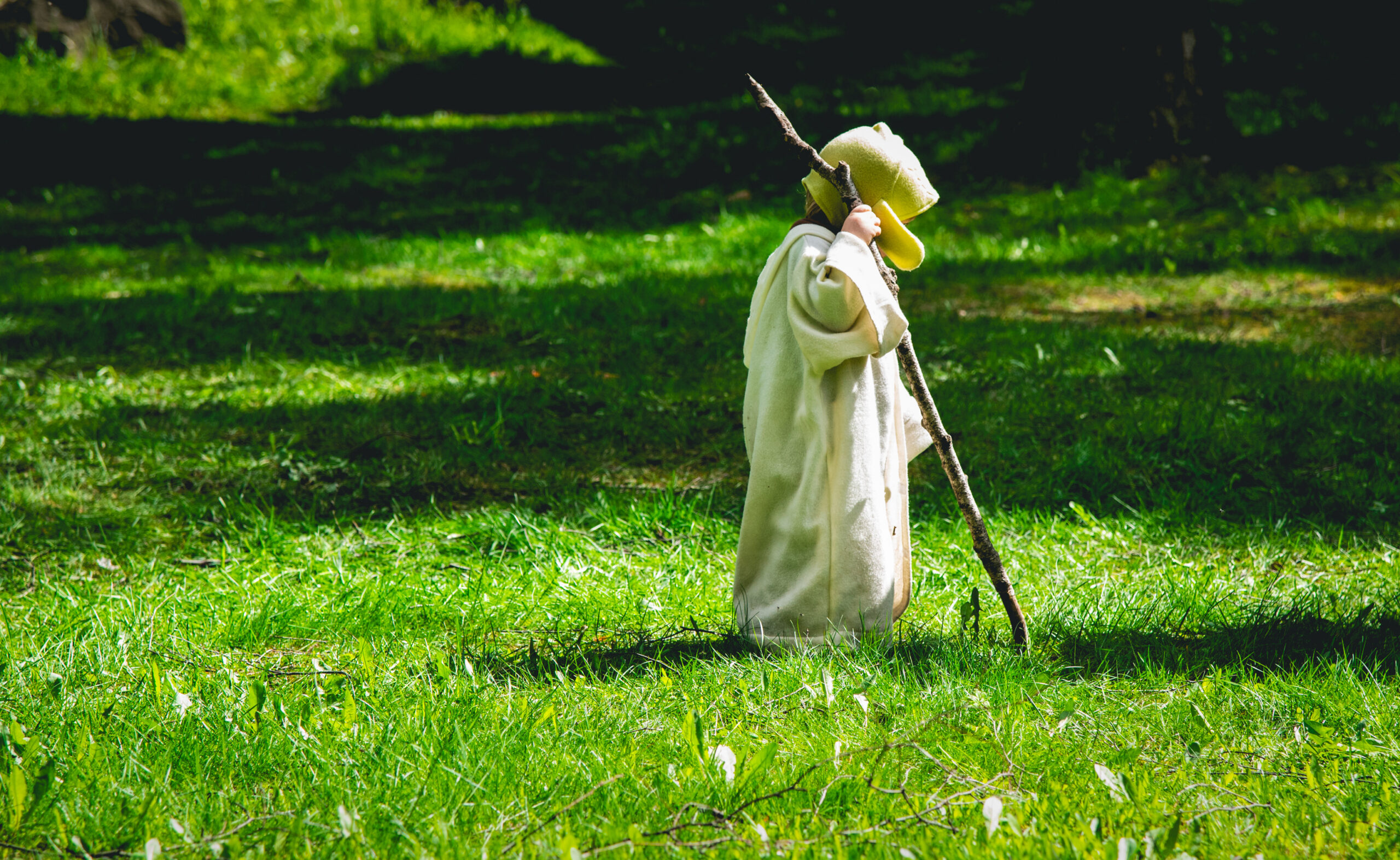 Boy wearing a Yoda costume in a lawn 