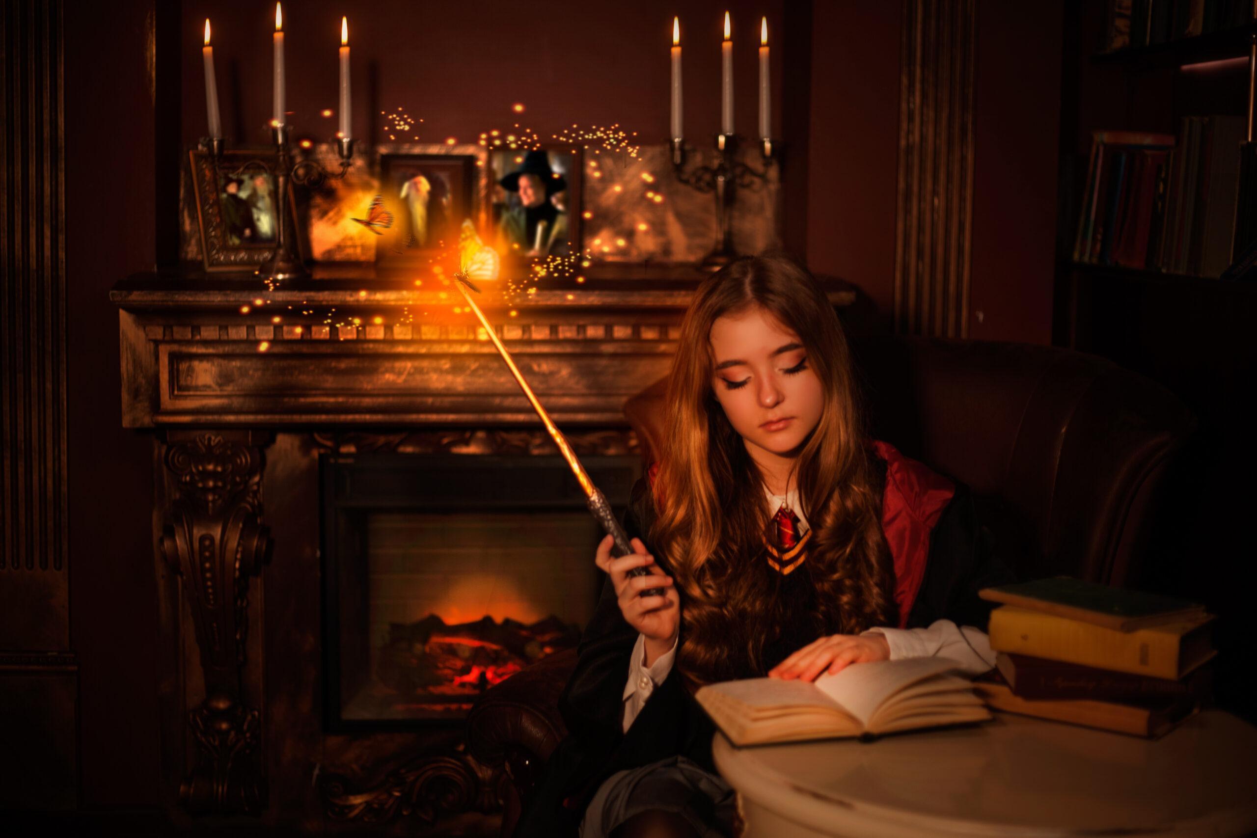Young Harry Potter fan in costume reading a book while holding a wand