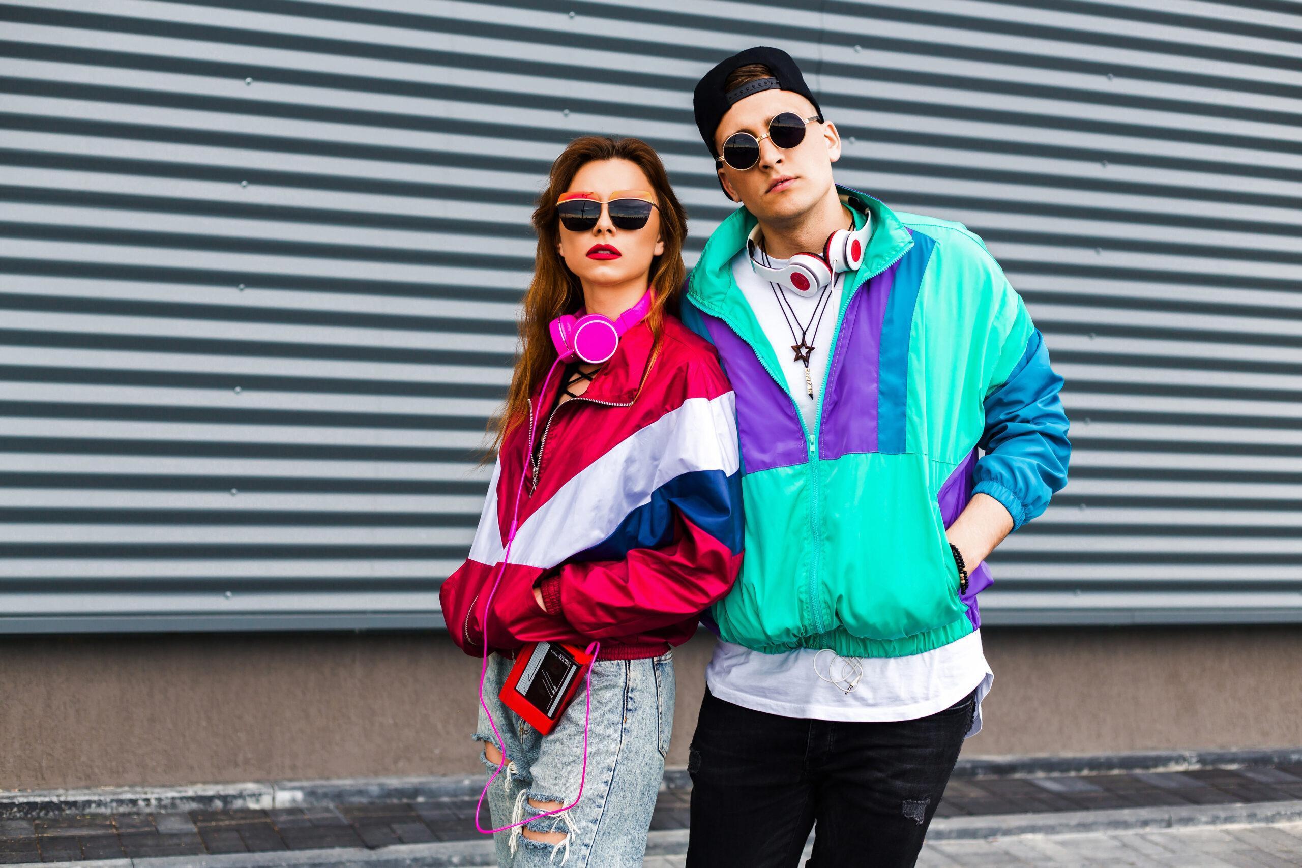 Back in time 90s 80s. Stylish young man in a retro jacket and wi