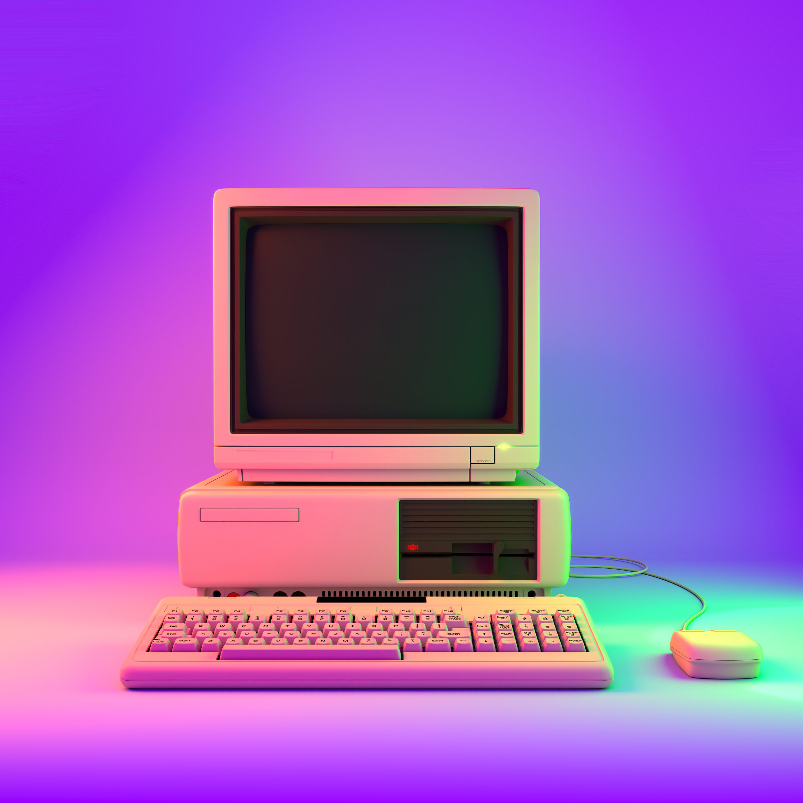 Blank Screen of an Old Desktop PC in Bright Retro Lighting Colors. 3D Rendering.