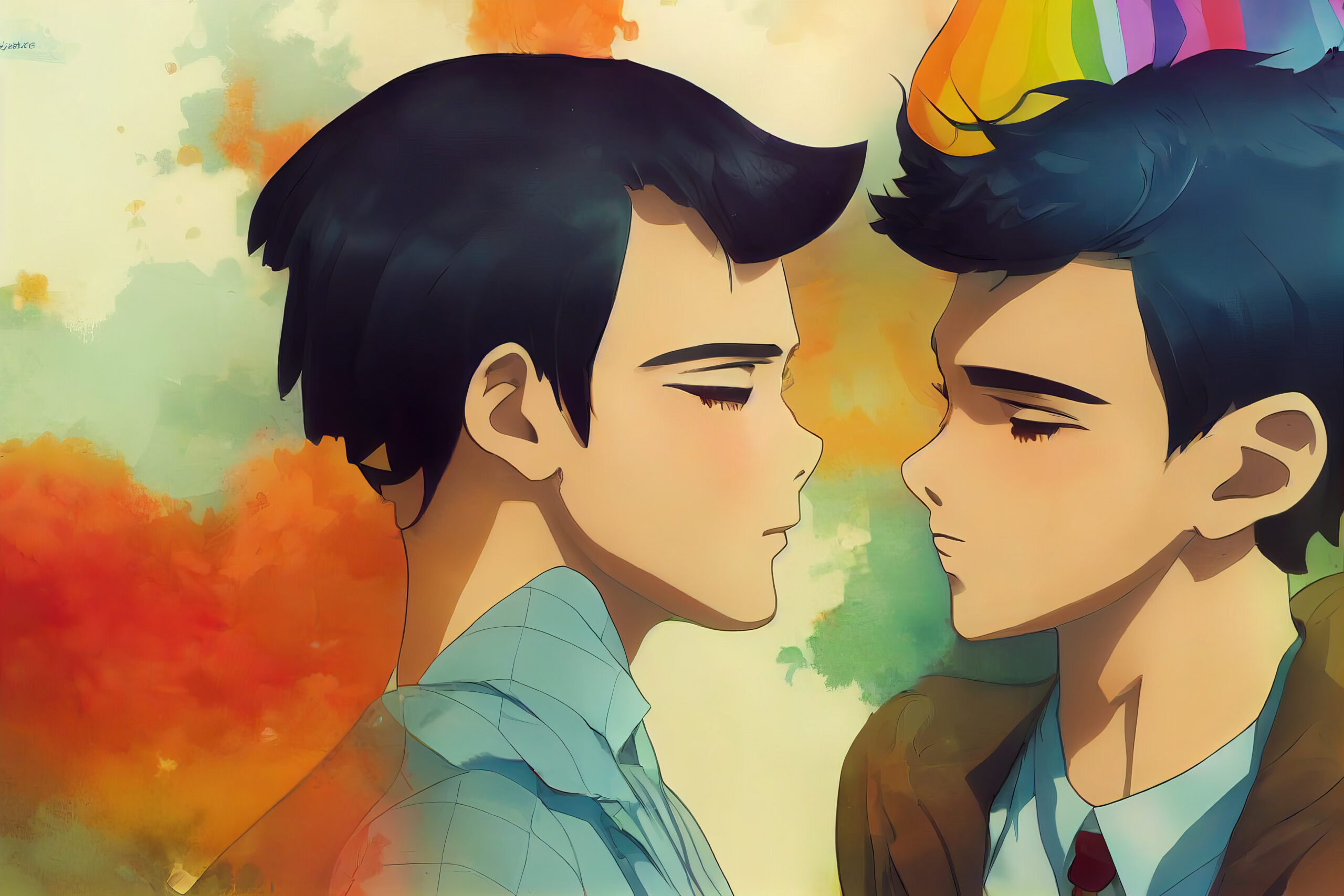 beautiful gay couple in love, about to kiss in a pastel like pai