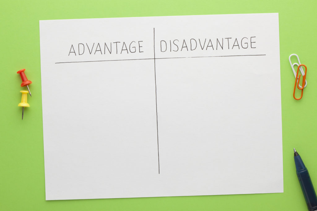 Advantage versus disadvantage concept with various stationery. Empty list.