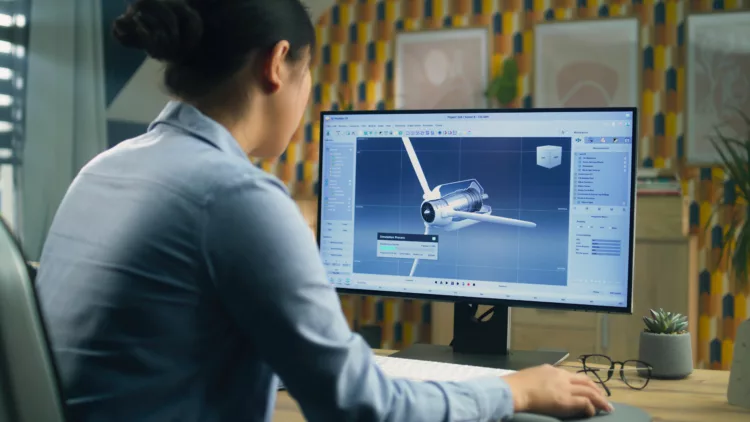 Asian female engineer drawing wind turbine in professional 3D modeling program on pc 