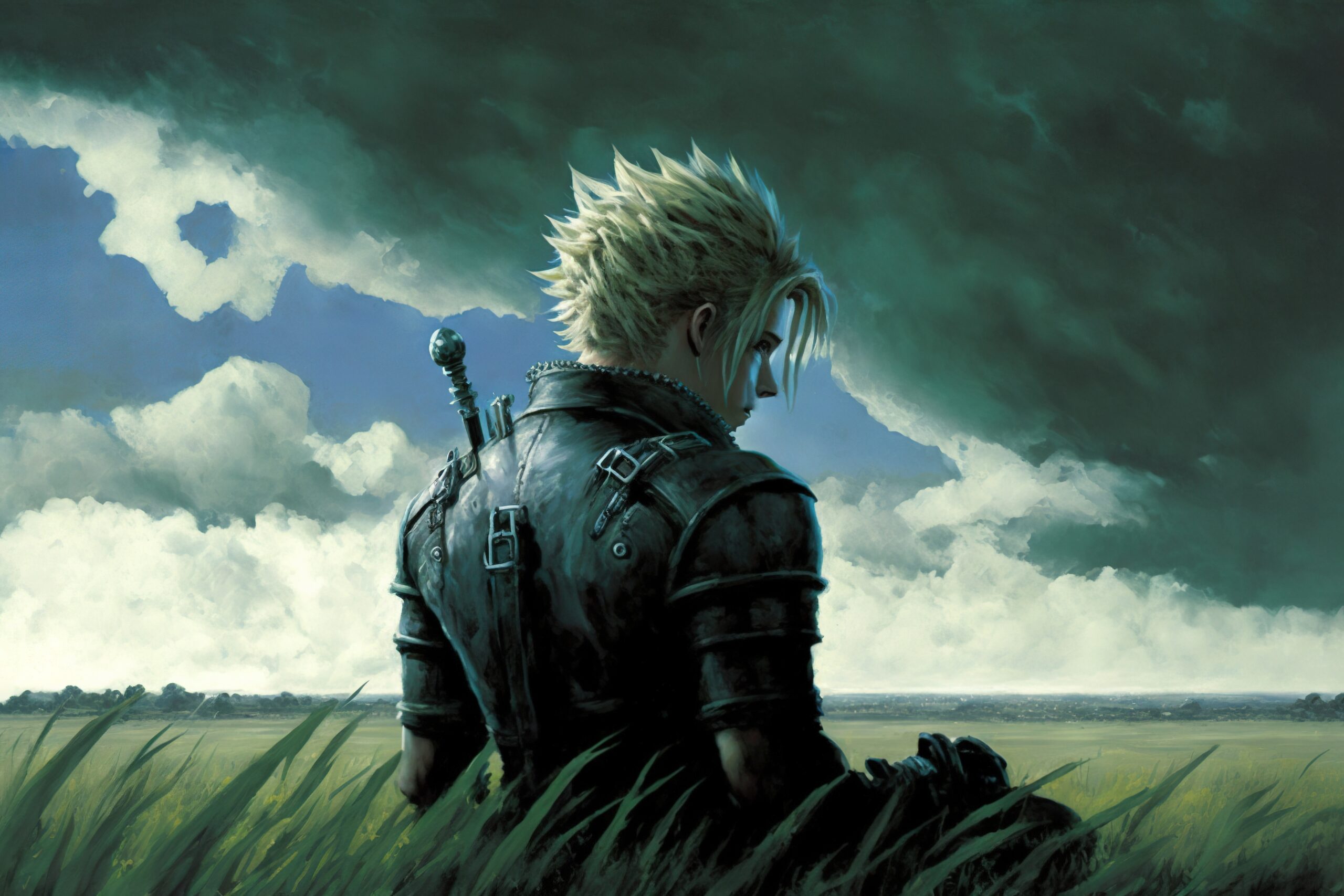 An anime fantasy warrior sitting on a green field with a cloudy sky