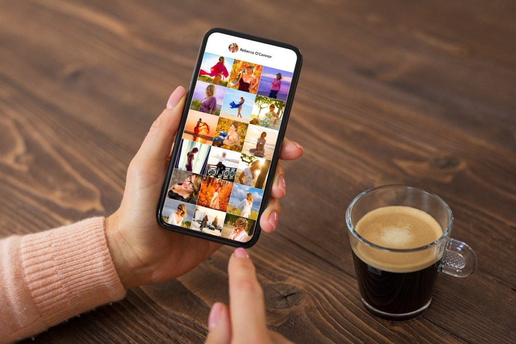 Woman browsing photos on social media app.