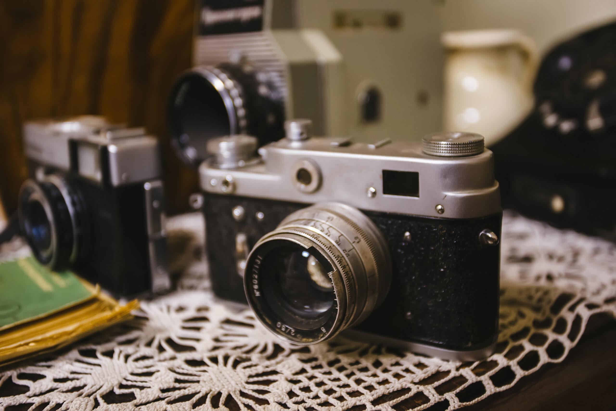 Old vintage retro film cameras, selective focus