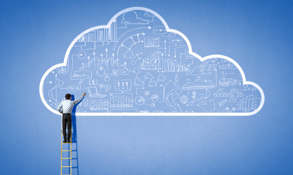 Man on a letter pointing on a painted cloud filled with technology.