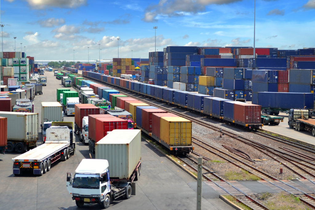 Container yard with rail transport.