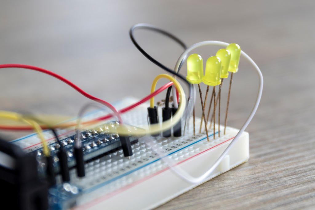 Electronic circuit of LEDs on a breadboard circuit.