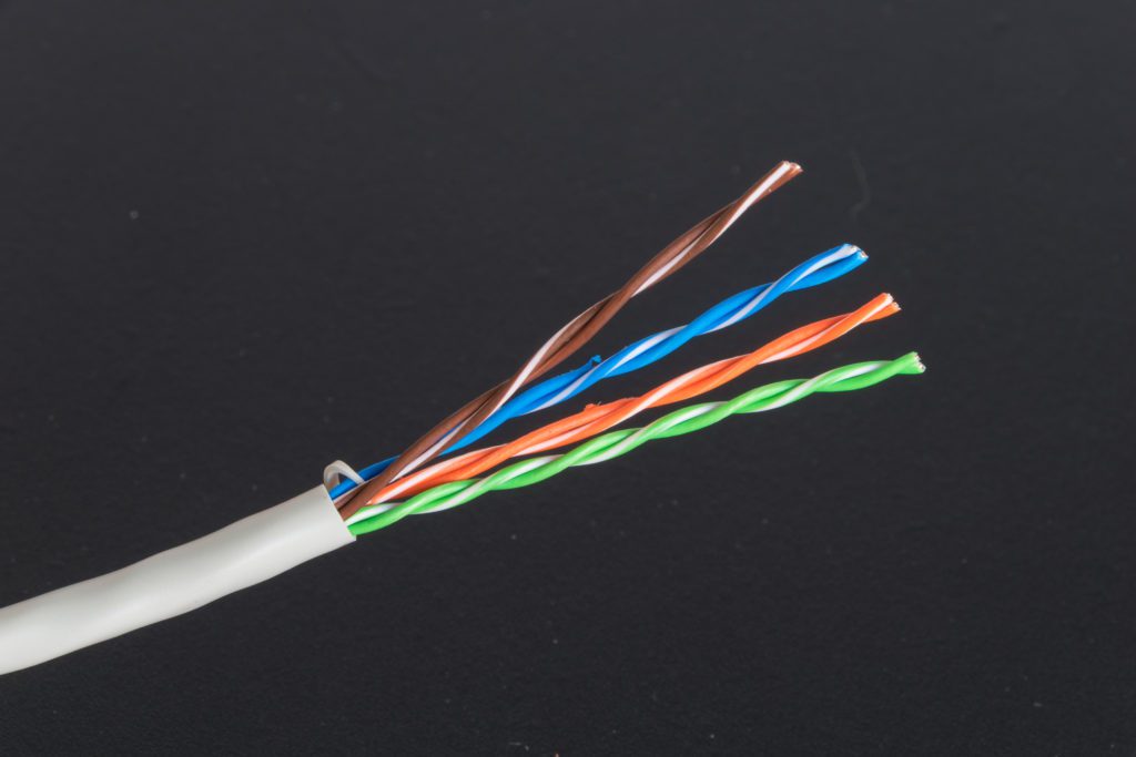 Stripped ethernet cable showing twisted pairs.
