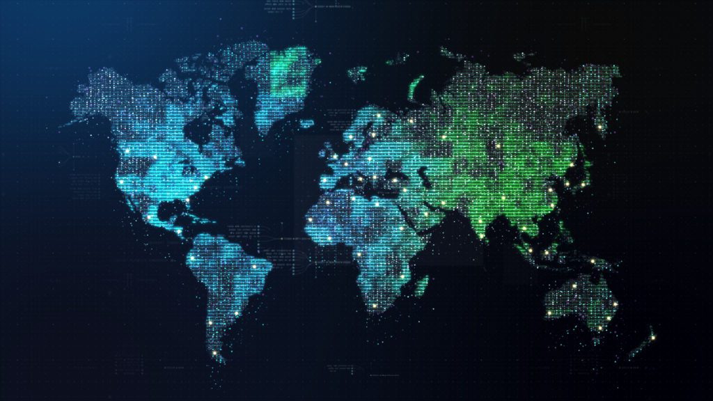 Futuristic world map in matrix style.