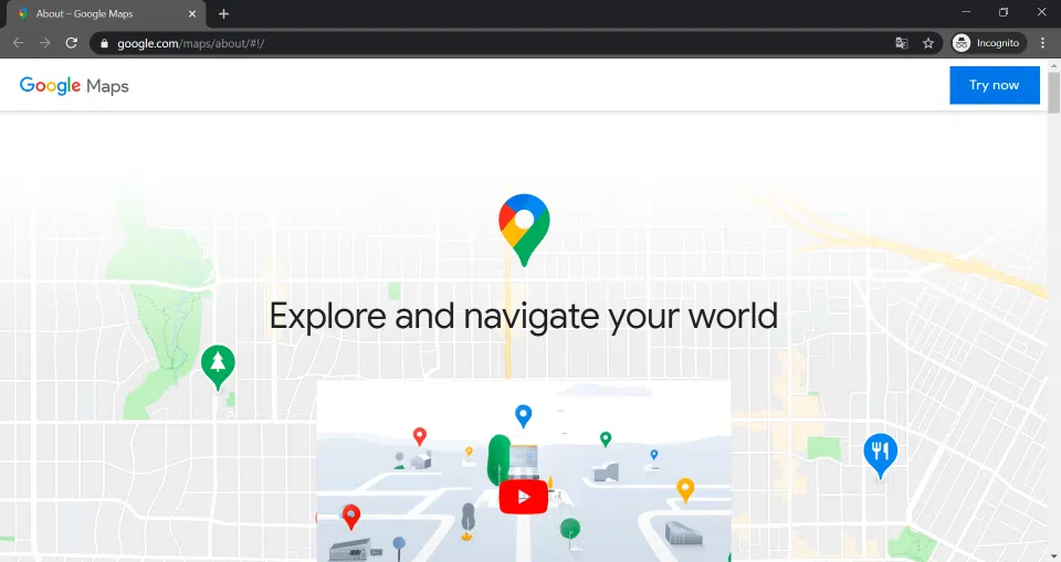 Screenshot of the about products maps webpage of Google.