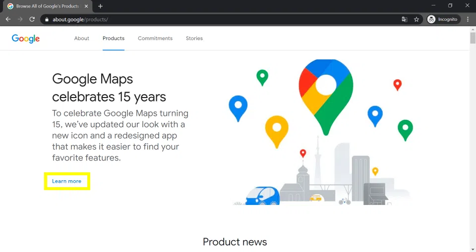Screenshot of the about products webpage of Google.