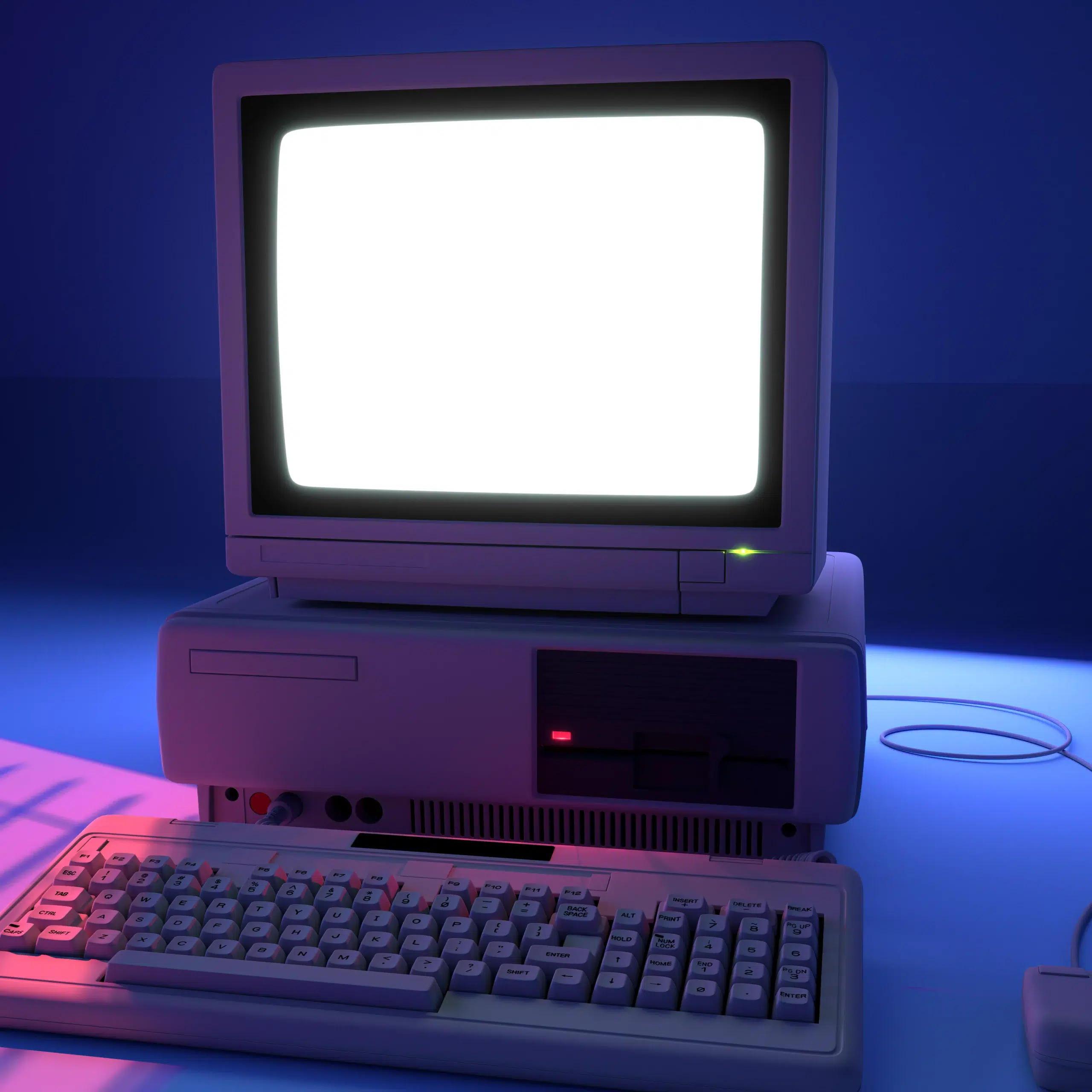 Retro PC with Glowing Blank Screen in Neon Lighting Close-Up. 3D Rendering.