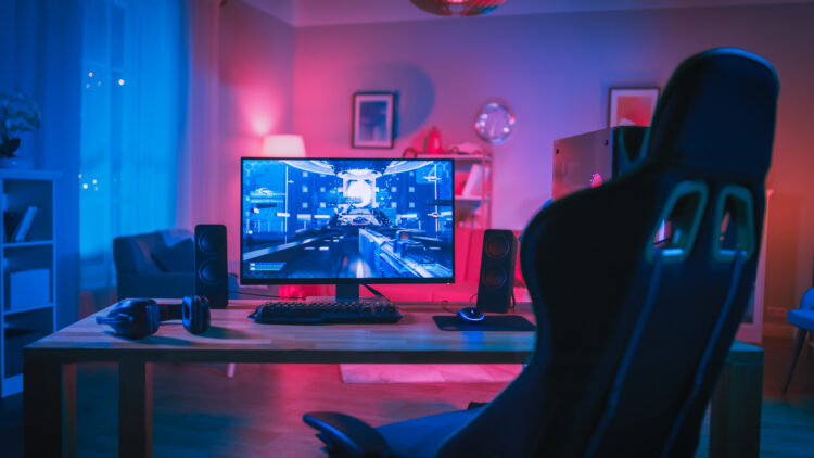 perosnal computer gaming station with bright neon led lights 