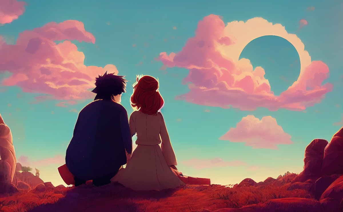 a couple sitting on a hill and watching the sky, fantasy pink sky 2
