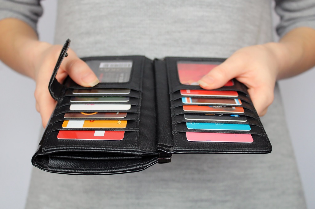 Woman holding a purse with credit cards organized.