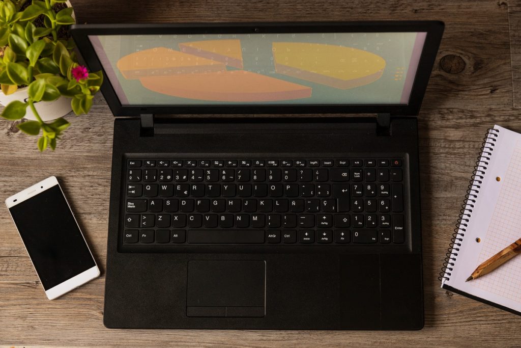 Notebook computer next to a plant on wooden table.