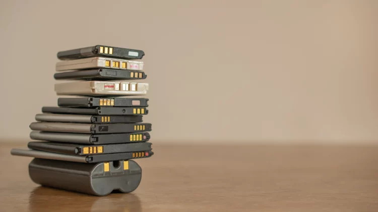 old cell phone batteries, stacked for recycling