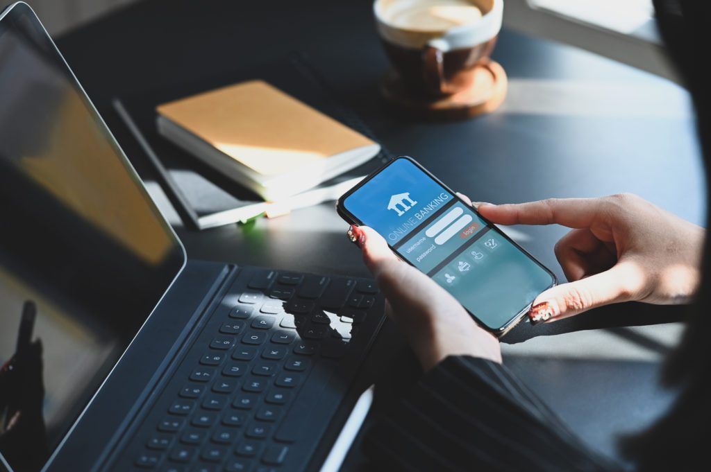 Concept of an online financial transaction with a smartphone.