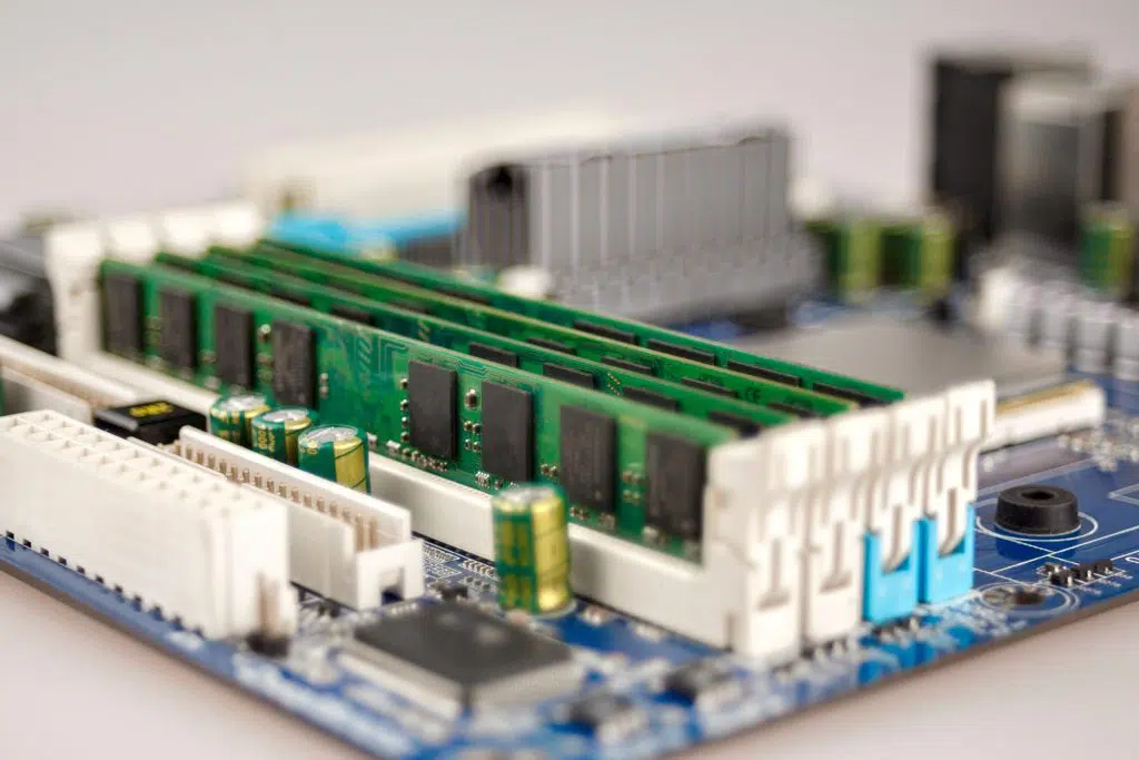 Close-up of computer RAM on motherboard.
