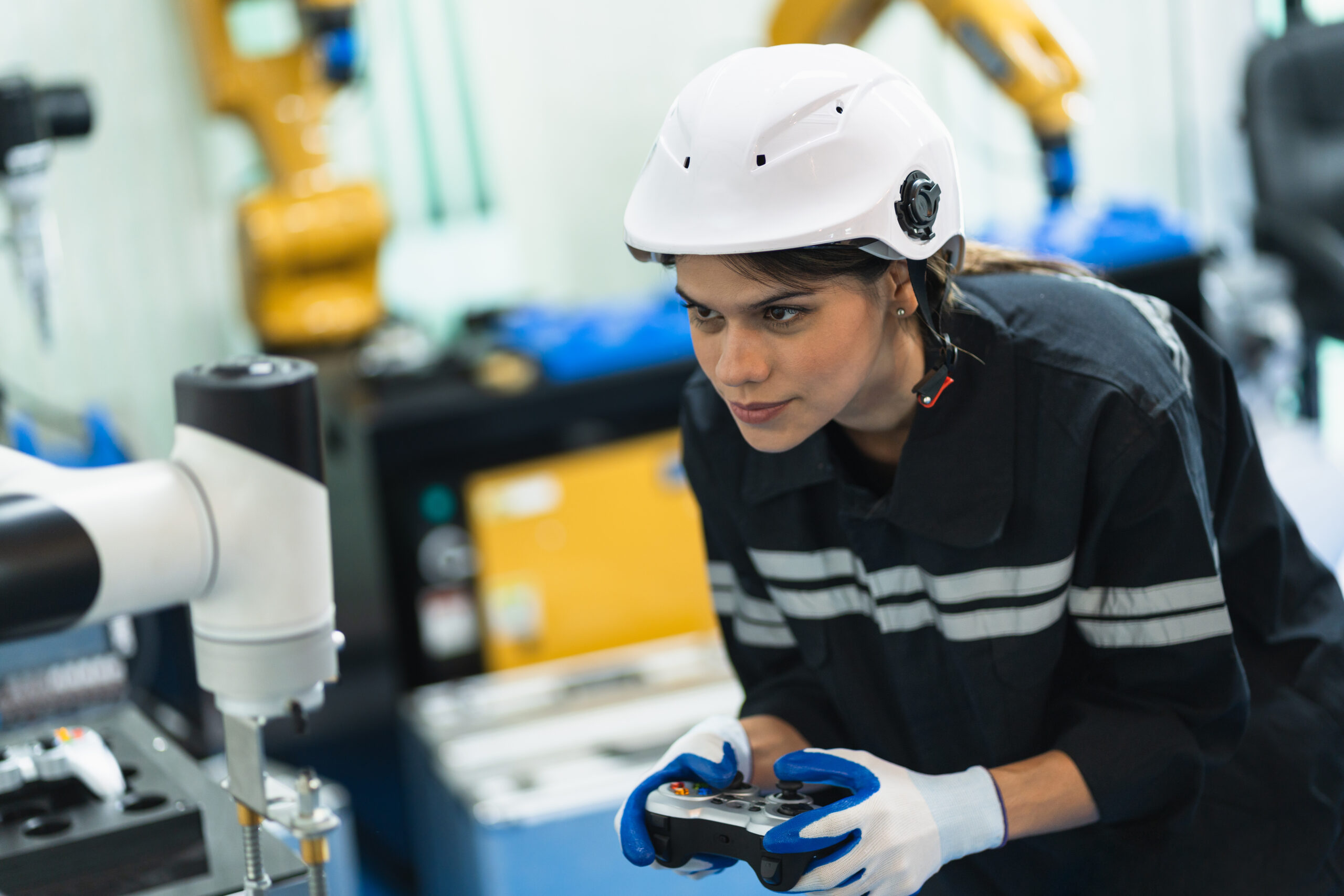 female engineer control  an arm robot with remote