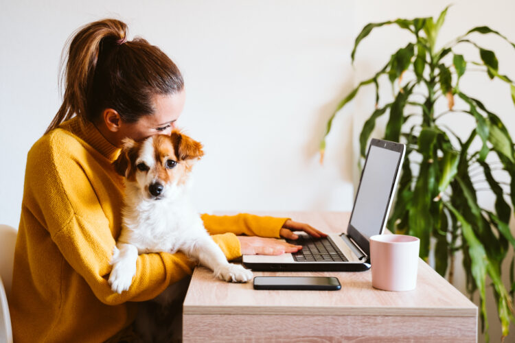 young woman working on laptop at home while cuddling with her pet dog