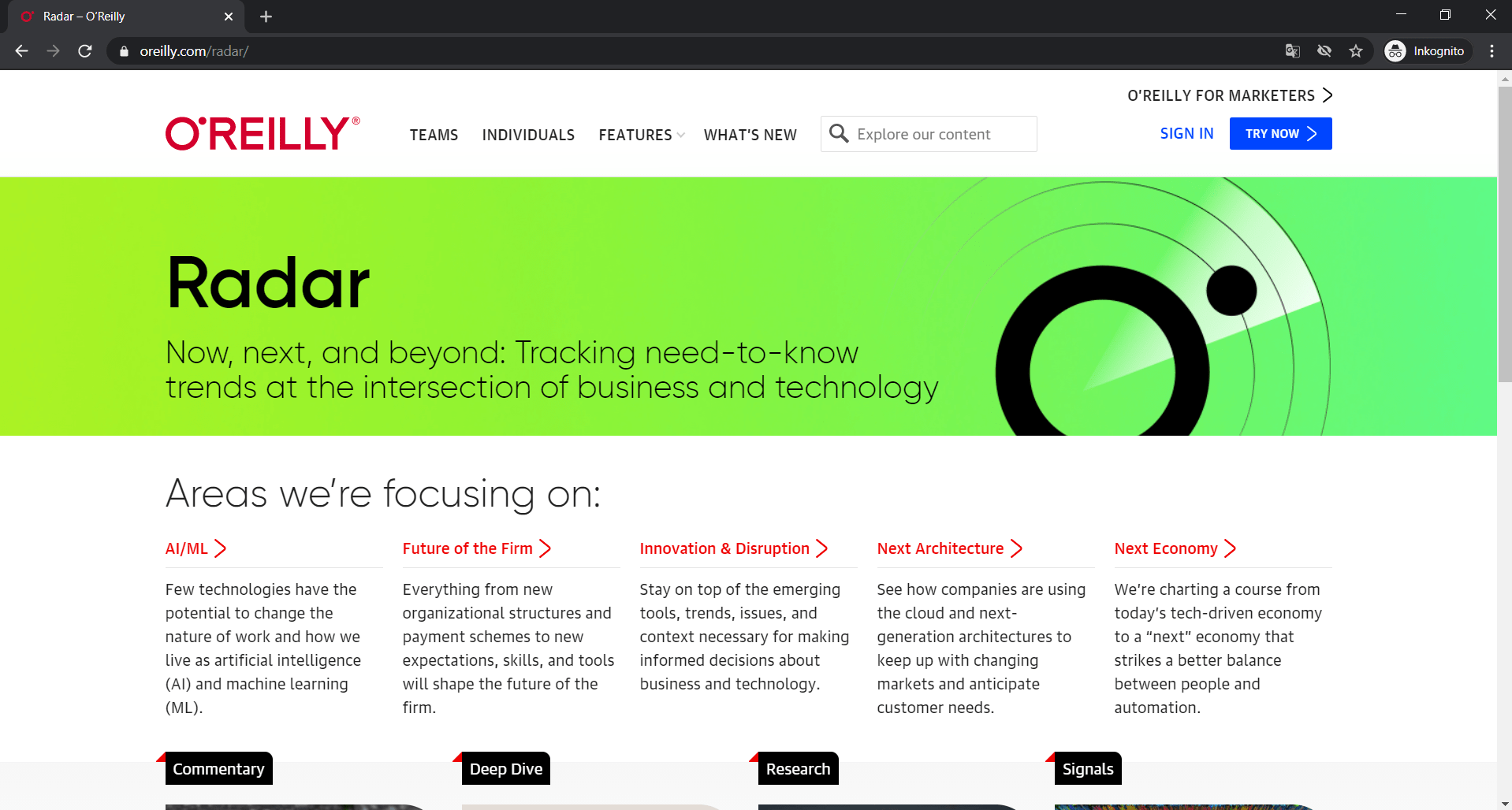 Screenshort of the O'Reilly radar computer science blog.
