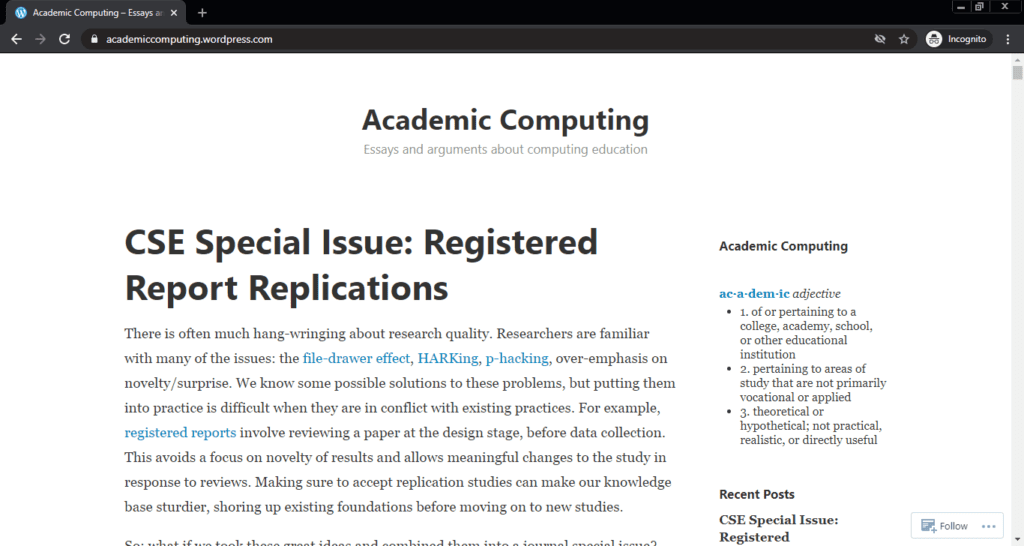 Screenshot of the Academic Computing computer science blog