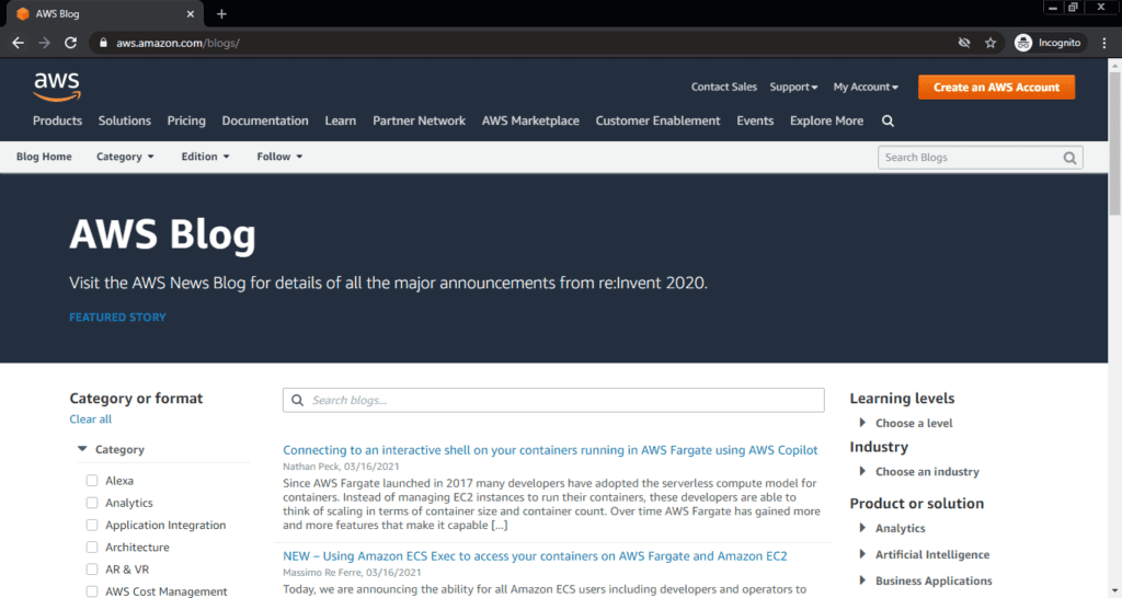 Screenshot of the AWS computer science blog