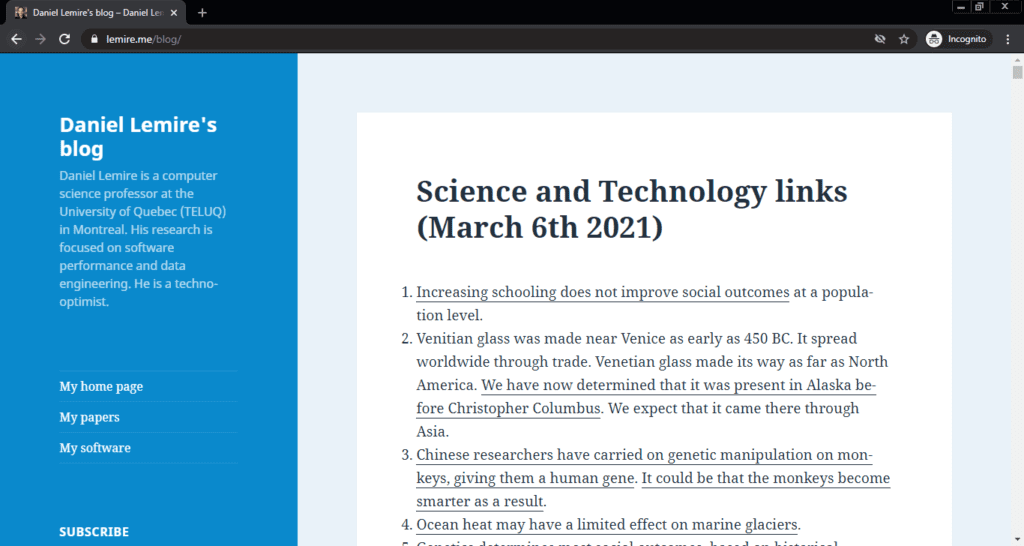 Screenshot of the Daniel Lemire’s Blog computer science blog