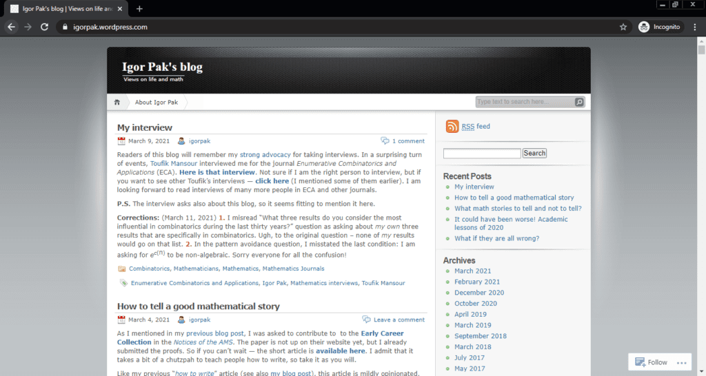 Screenshot of the Igor Pak’s Blog computer science blog