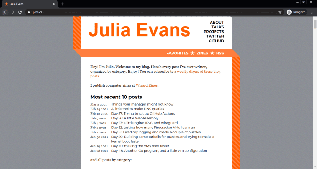 Screenshot of the Julia Evans computer science blog
