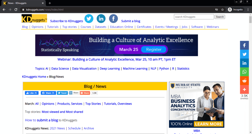 Screenshot of the KDnuggets computer science blog