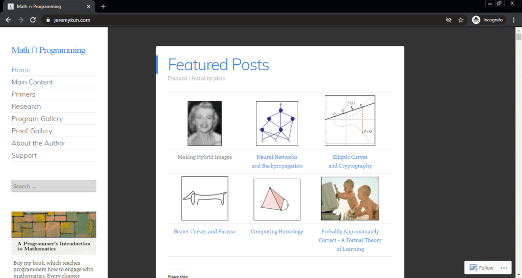Screenshot of the Math n Programming computer science blog