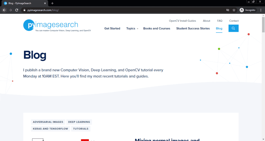 Screenshot PyImageSearch computer science blog
