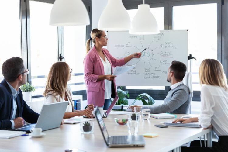 Elegant young woman pointing at white blackboard and explaining about SEO
