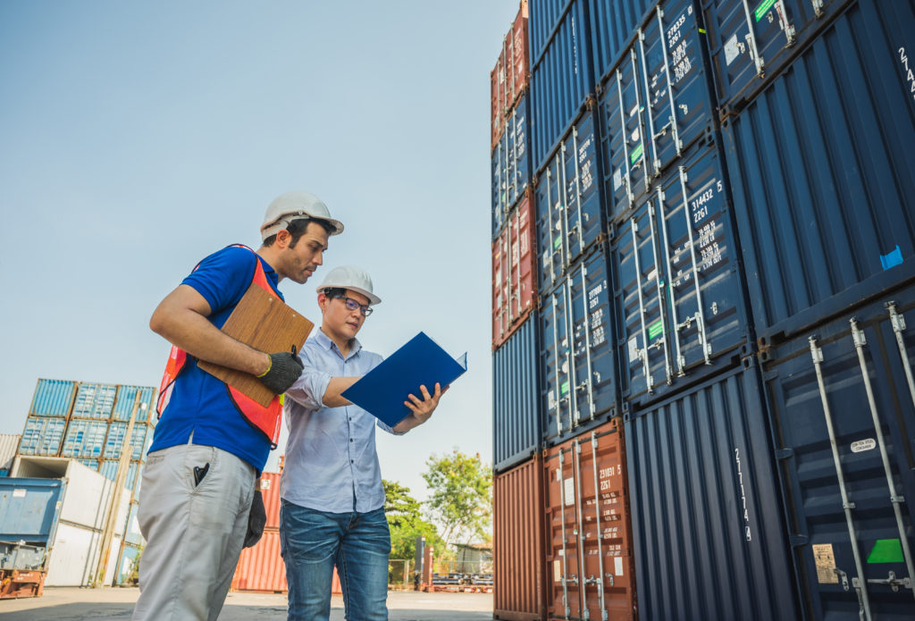 Staff with clipboards checking cargo on the dock for customs clearance.