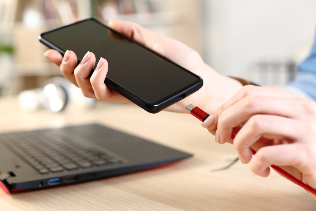 Woman hands plugging a charger into the phone.