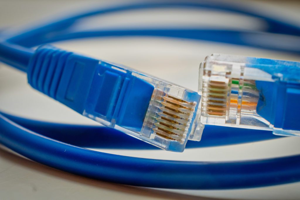  Deux prises réseau RJ45 bleues en gros plan.