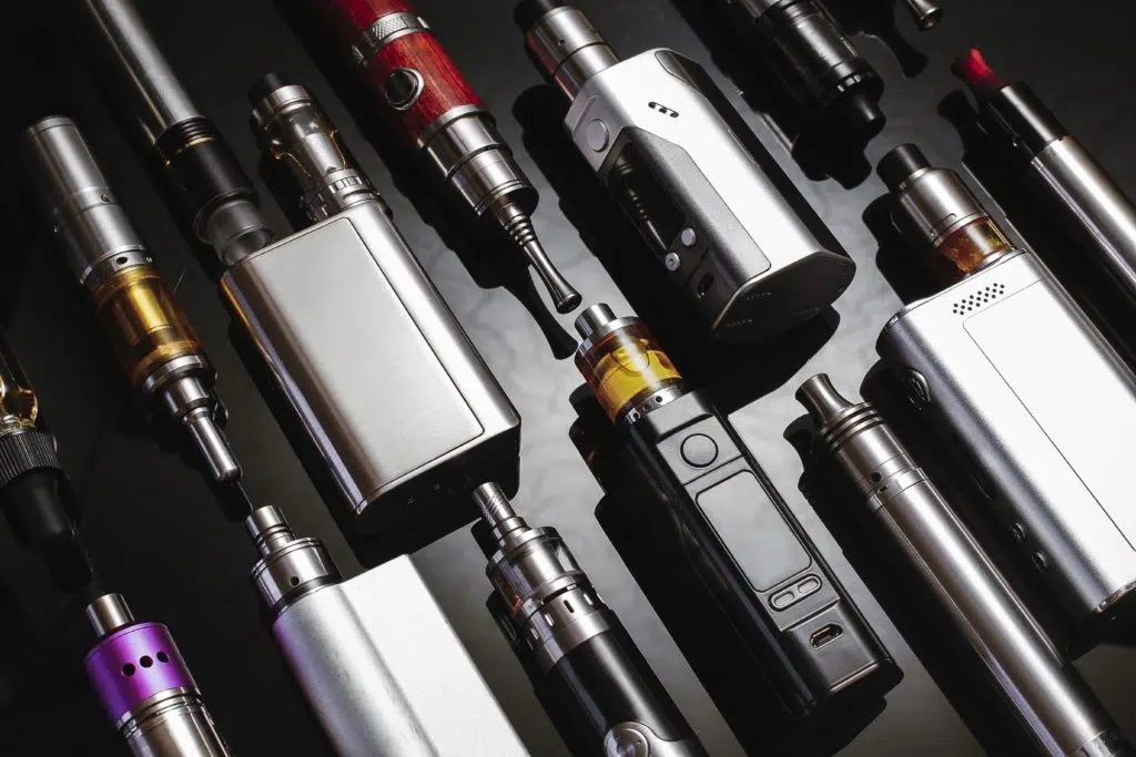 Popular vaping devices and e-cigarettes.