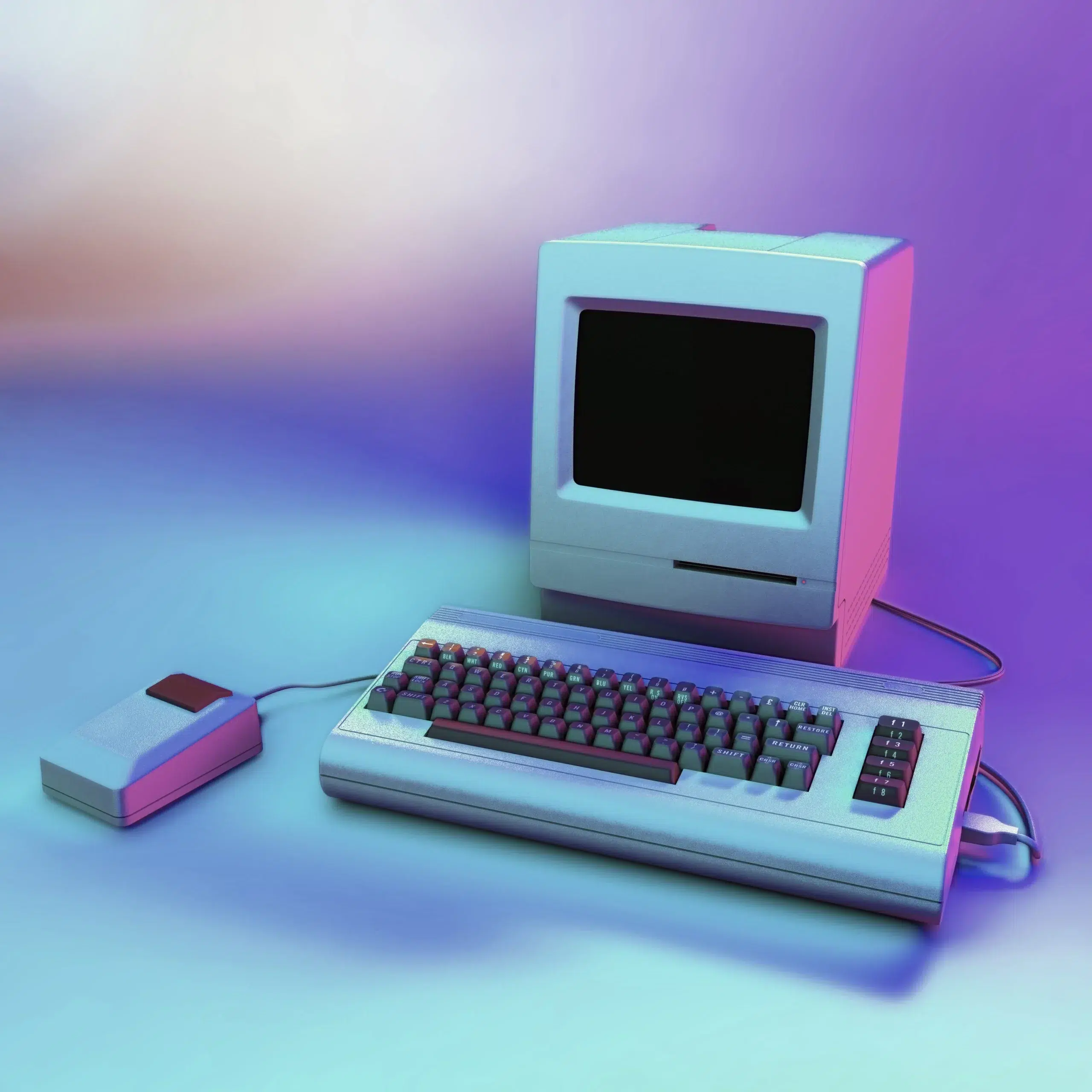 Vintage Desktop Computer with Floppy Drive, Keyboard and Mouse in Neon Lightning. 3D Rendering of Retro PC with Empty Screen.